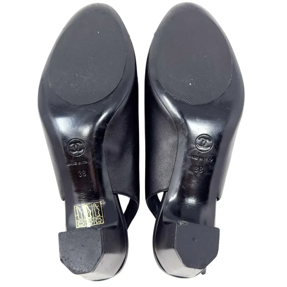 Chanel CC Logo Bow Black Gold Slingback Quilted Mary Jane Block Heels Loafers 38